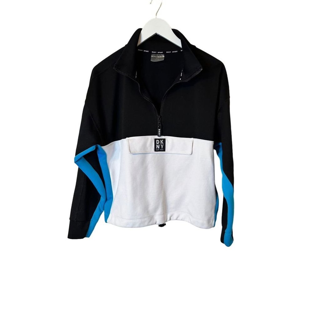 DKNY Sport Women's Black Half Zip Pullover Sweatshirt M Kangaroo Pocket